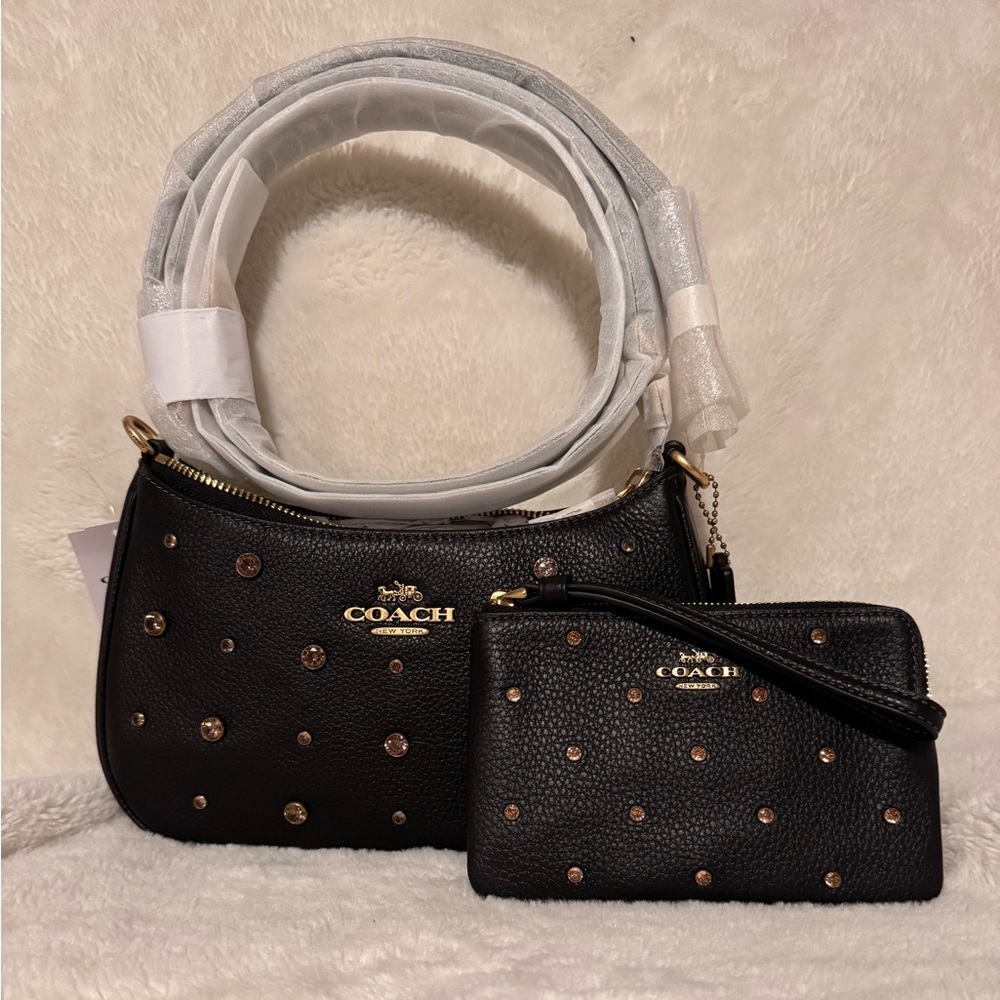 Coach NWT Black Leather Teri Shoulder Bag With Crystal and matching wristlet